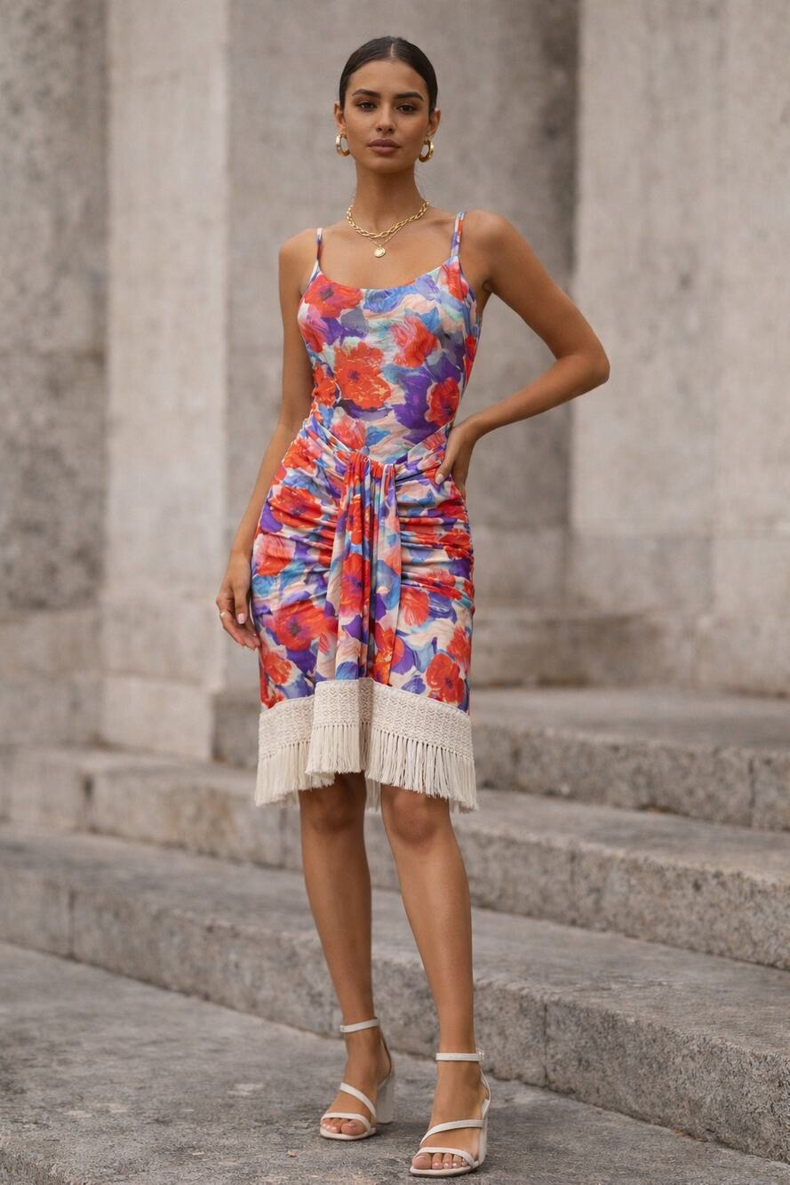 PATBO Red Violet Stretch Jersey Midi Fringe Dress Women's Small